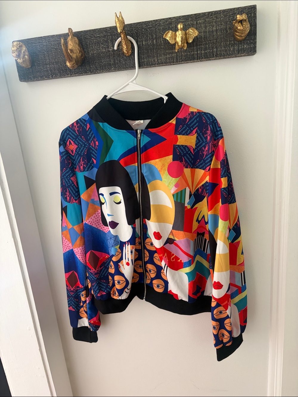 Brand New Women's Multicolor Graphic Bomber Jacket Vibrant Abstract Print SZ XL